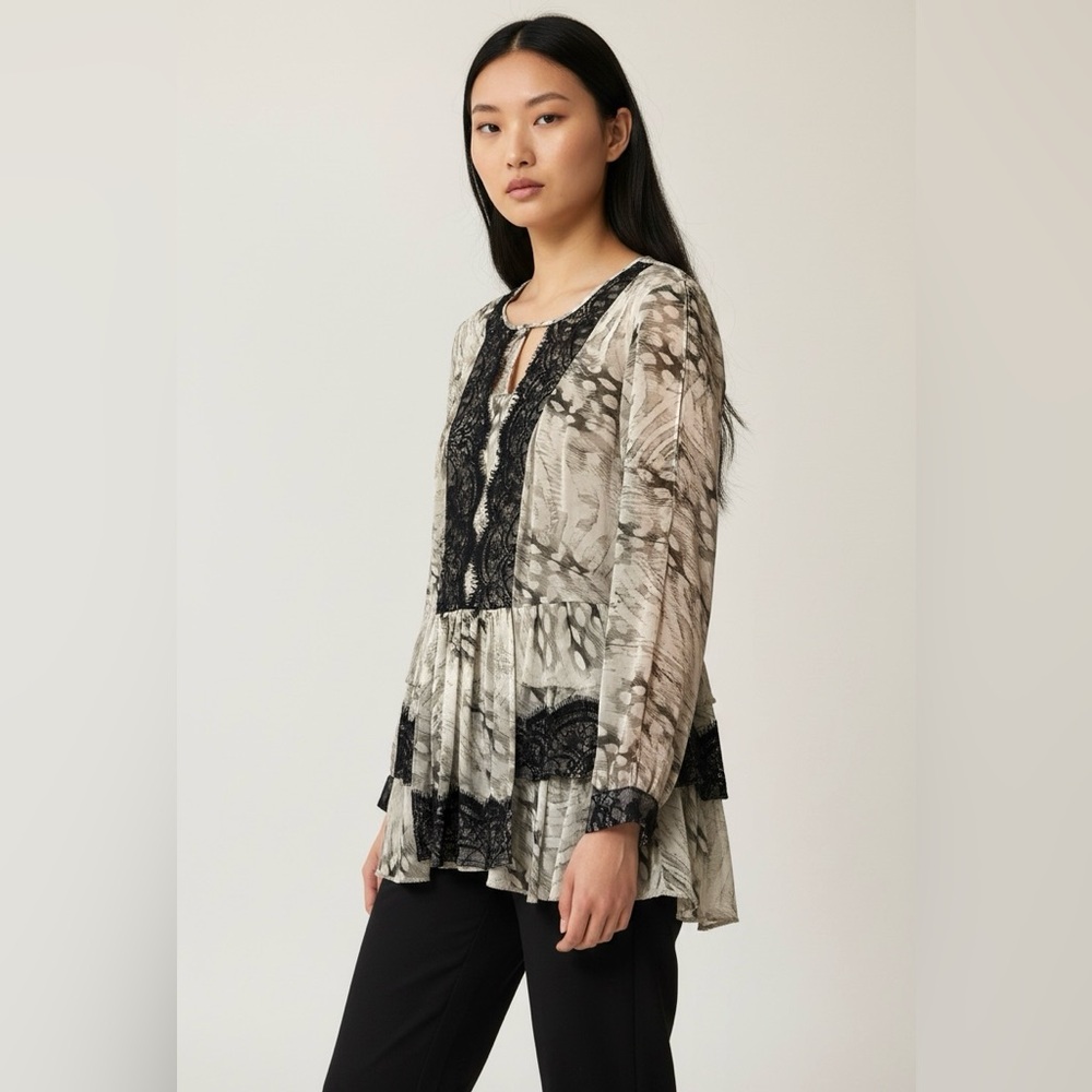 Bebe Sheer Lace Peplum Blouse Long Sleeve Size XS